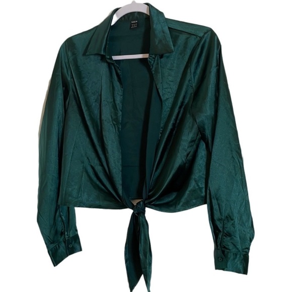 𝅺shein Crop Top Tie - Polyester Silky Green - M (6) - Picture 1 of 12